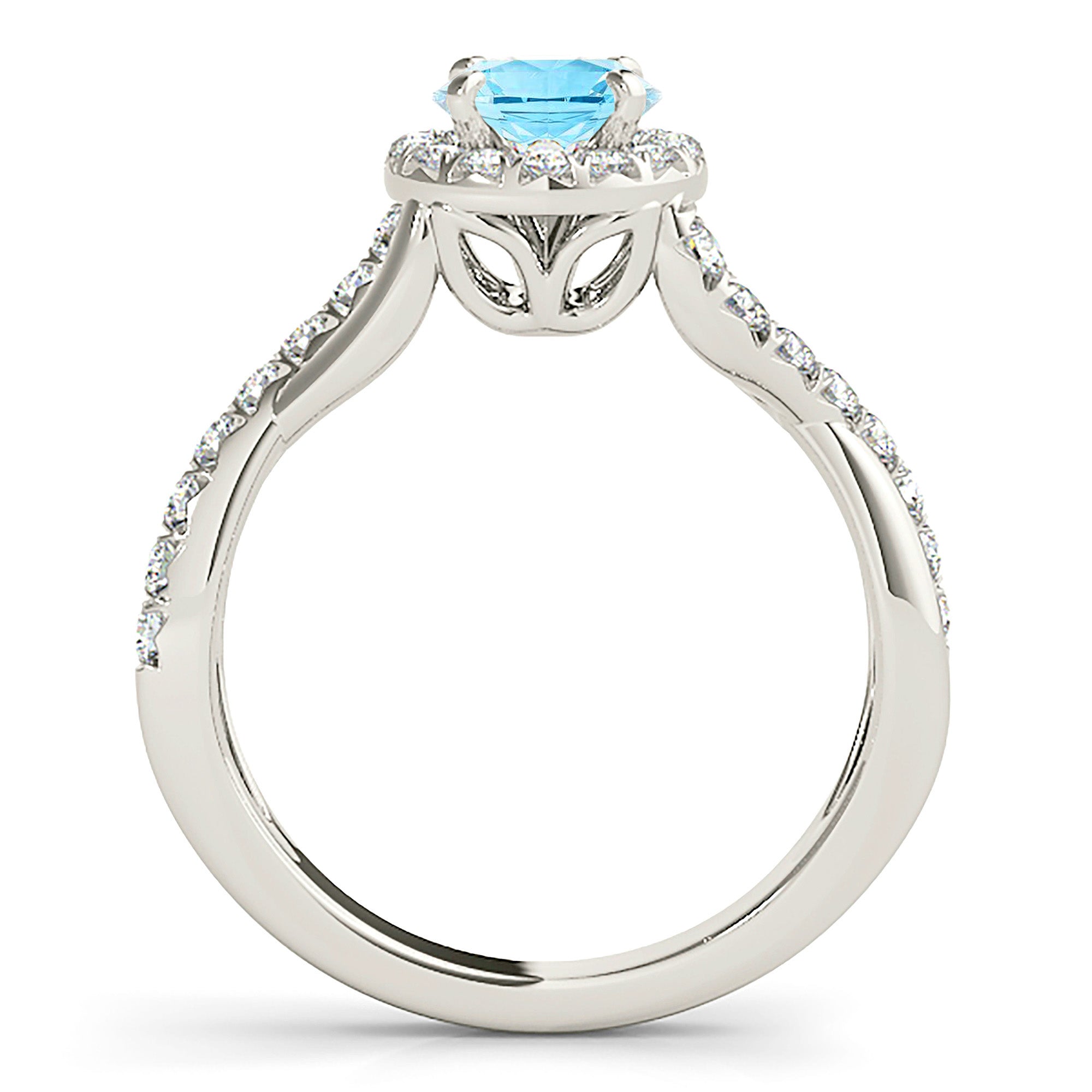1.00 ct. Genuine Aquamarine Ring With 0.35 ctw. Diamond Halo, Solid Gold And Diamond Twist Band | Round Blue Aquamarine Halo Ring-VIRABYANI